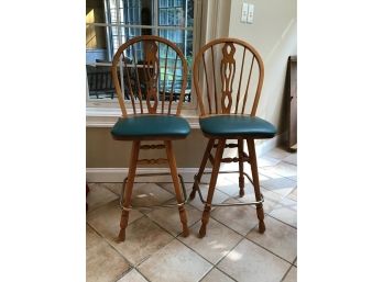 Pair, Oak Counter-stools With Green Vinyl Seats, Sturdy