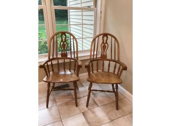 Pair, Oak Bowback Arm Chairs, Sturdy