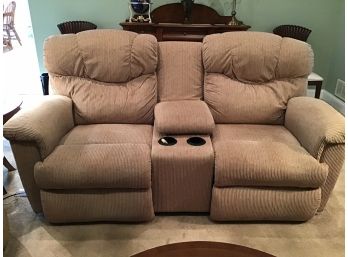 Beige Corduroy Power Reclining Loveseat With Cupholders