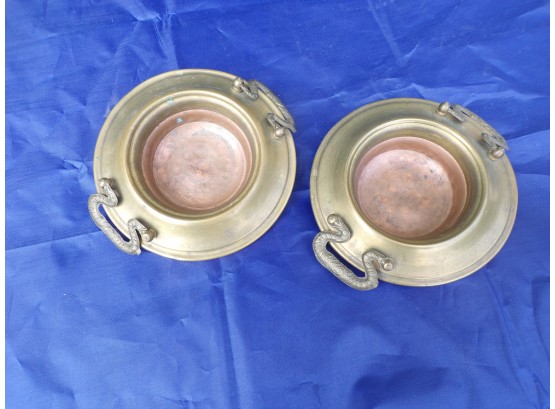 Pair Of Copper And Brass Ashtrays W/oriental Design Handles