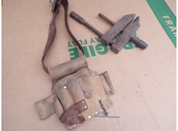 Lot Of Carpenters Leather Apron And Wood Clamp
