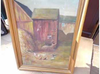 Oil On Canvas Chickens In Barn Yard