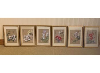 Group Of Six Floral Watercolors On Silk