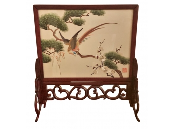 Fabulous Miniature Framed Silk Embroidered Panel Mounted In A Teak Frame.