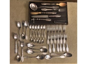 Partial Christophe Silver Plate Flatware Service Wheat & Flower Pattern For 12, Along Seven Serving Pieces