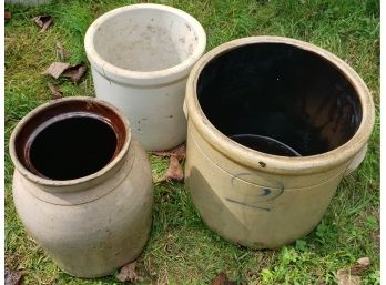Antique Pottery Crock Planters (set Of 3)