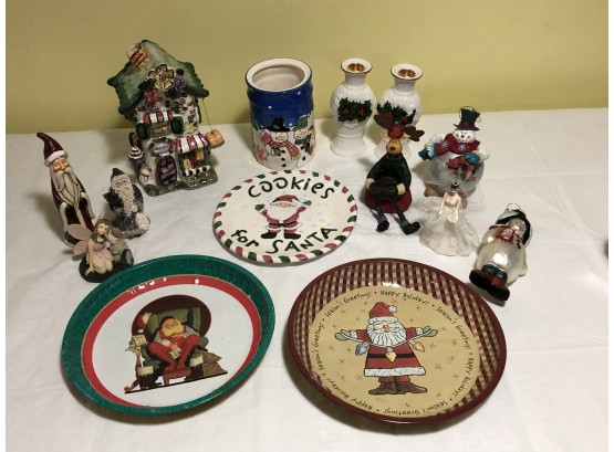 Grouping Of Christmas Items Including Poinsettia Candle Holders, Cookies For Santa Plate, Snowman Vase, Etc