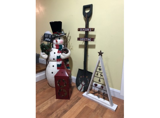 Grouping Of Four (4) Holiday Decorations Including Season's Greetings Shovel And More