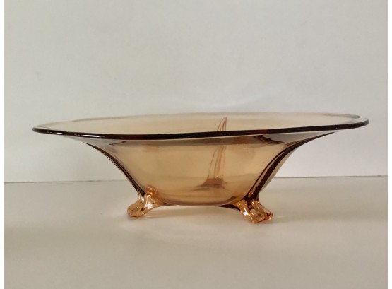 Pretty Amber-Colored Three Footed Depression Glass Centerpiece Bowl.