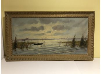 Signed Original Oil Painting Boat In Marsh