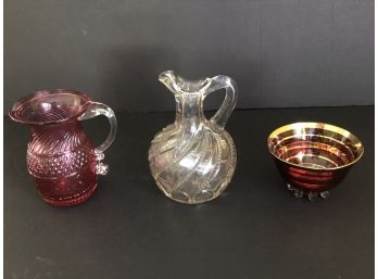 Lot Of 3 Vintage Glass Items - Beaded Swirl Cruet, Pilgrim Cranberry Creamer, Red Gold Dish