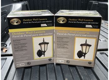 Pair Of Bronze Finish Outdoor Wall Lanterns With Frosted Glass - New