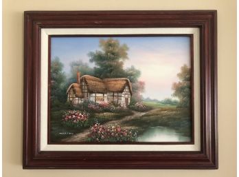 Wood Framed Painting On Canvas Signed By MARTEN Thatched Roof Cottage Scene