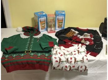 Three Holiday Glasses And  Women's 'Ugly Sweaters'