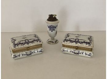 Two Japanese Porcelain Trinket Boxes And A Cigarette Lighter