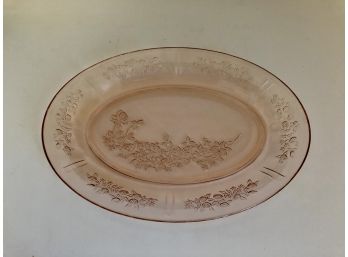 Vintage Rose/Pink Colored Oval Depression Glass Platter With Carved Floral Pattern