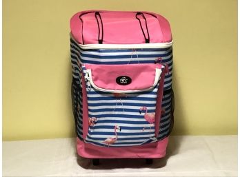 Rolling Cooler Back Pack Combo With Pink Flamingos And Blue And White Stripes