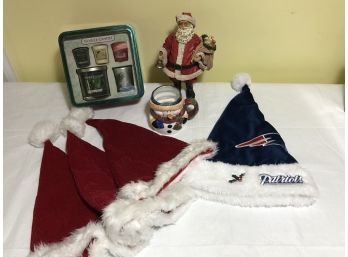 Grouping Of Holiday Items Yankee Candle Gift Box Three Santa Hats NE Patriots Santa Hat And More