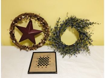 Country Decor - Two Wreathes And One Wood Wall Art