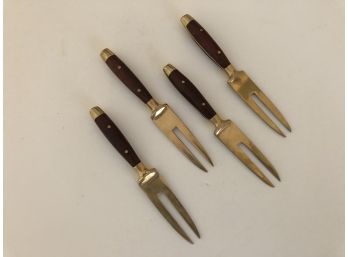 Four (4) Brass And Wood Appetizer Cheese Picks