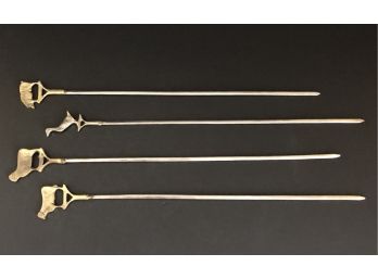 Set Of Four (4) Stainless Steel Flat BBQ Skewers With Brass Animal Tips. Never Used.