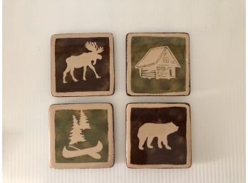 Set Of Four Hand Painted Drink Coasters - Rustic Lodge. In Box. Never Used.