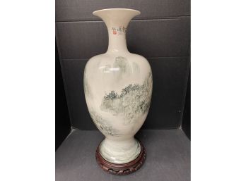 Vintage 21' Chinese Vase With Carved Wooden Base