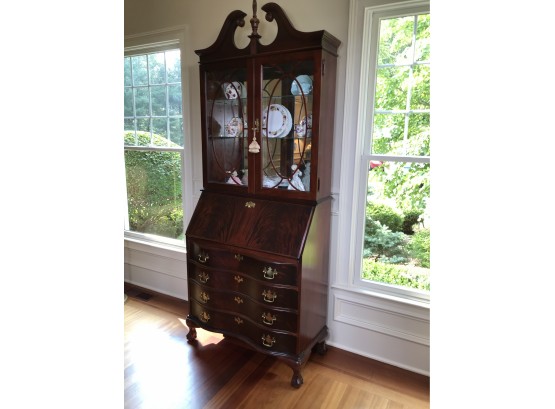 Fabulous Flame Mahogany Bookcase Top Secretary By JASPER CABINET COMPANY With Bubble Glass Doors - WOW !