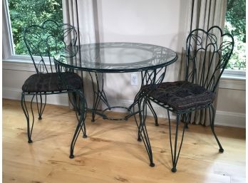Fabulous HIGH QUALITY Wrought Iron Table With Glass Top & Two Chairs - Verdigris Enamel Finish - FANTASTIC SET