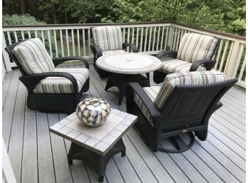 Fabulous Outdoor Living Set - Glide & Swivel Chairs - Large Table - Small Table - All With Covers ONE YEAR OLD