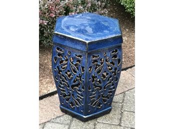 Fabulous Lapis Blue Color Pottery Garden Seat - Use As Plant Stand ? Side Table ? Accent Piece ? - NICE !