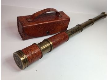 Fantastic Antique Style DOLLAND - LONDON Brass & Leather Marine Telescope With Tooled Leather Case - NICE !
