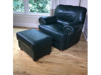 Beautiful And VERY COMFORTABLE Dark Green Leather Chair & Ottoman With Classic Brass Nail Head Trim NICE !