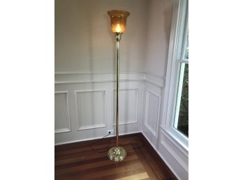 Wonderful Torchiere Floor Lamp - Highly Polished Brass With Amber Glass Shade - Beautiful Lamp - Like New