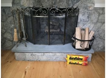INCREDIBLE Fireplace Lot - Screen -  Tools - Fire Grate - Log Holder With Logs & Two Duraflame Logs !