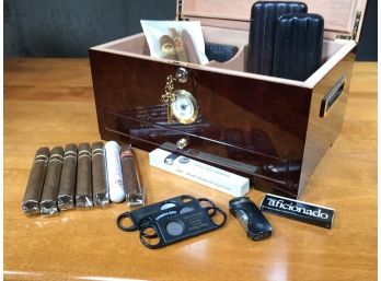 Fabulous Cigar Humidor LOADED With Cigars & Extras - Two Leather Cigar Cases - Cutters & More !  ALL ONE LOT !