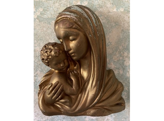 Mother And Child Religious Wall Art Sculpture Gold Toned