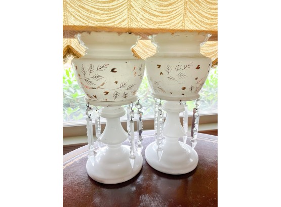 Pair Of Vintage Milk Glass Hurricane Style Boudoir Lamps (2)