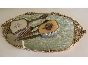 Pair Of Vintage Nylon Hair Brushes With Mirrored Tray