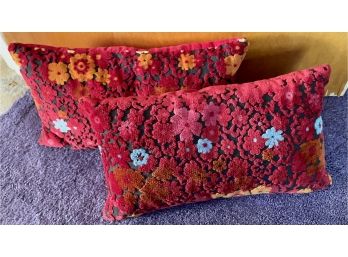 Raised Floral Suede Red And Blue Accent Vintage Pillows