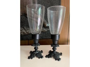 Glass With Wrought Iron Hurricane Candle Holders