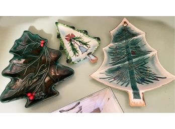 Set Of 3 Christmas Tree Plates (one With Small Chip)