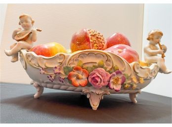 Porcelain Fruit Bowl With Assorted Colorful Fruit And Cherub Handles