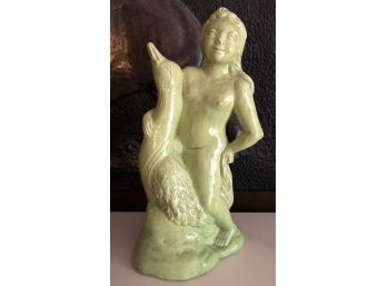 Glossy Vintage Green Ceramic  Child With Goose