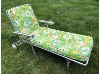 Retro Chaise Lounge With Green Floral Cushions (note Rust On Bottom)