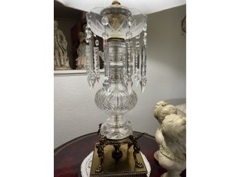 Pair Of Crystal Lamps-with Crystal Pendants And  Cream Fluted Shades