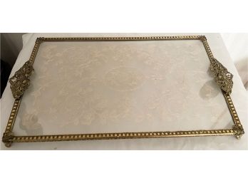 Rectangular Floral Etched Glass Dresser Tray With Gold Tone Trim