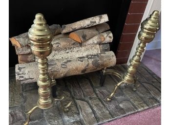 Brass Andirons With Birch Logs
