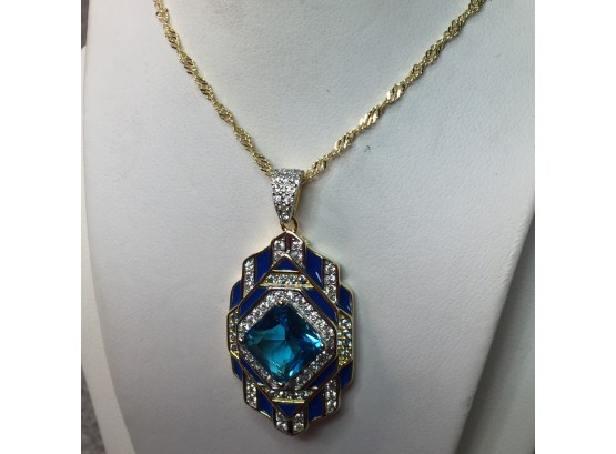 Stunning Sterling Silver With 14kt Gold Overlay Art Deco Style Enamel Pendant With Delicate Twist Necklace