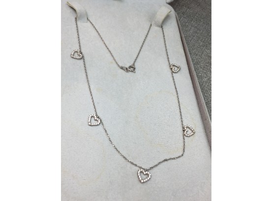 Lovely Vintage Sterling Silver / 925 - 16' Necklace With Hearts - Hearts Are Covered In Swarovski Crystals